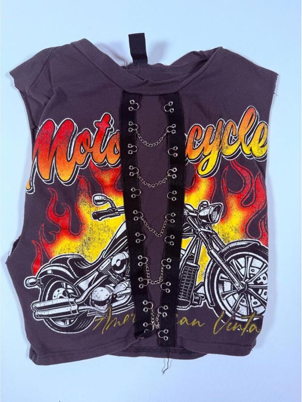 Windsor Motorcycle Graphic Sleeveless Top with Chain Detail